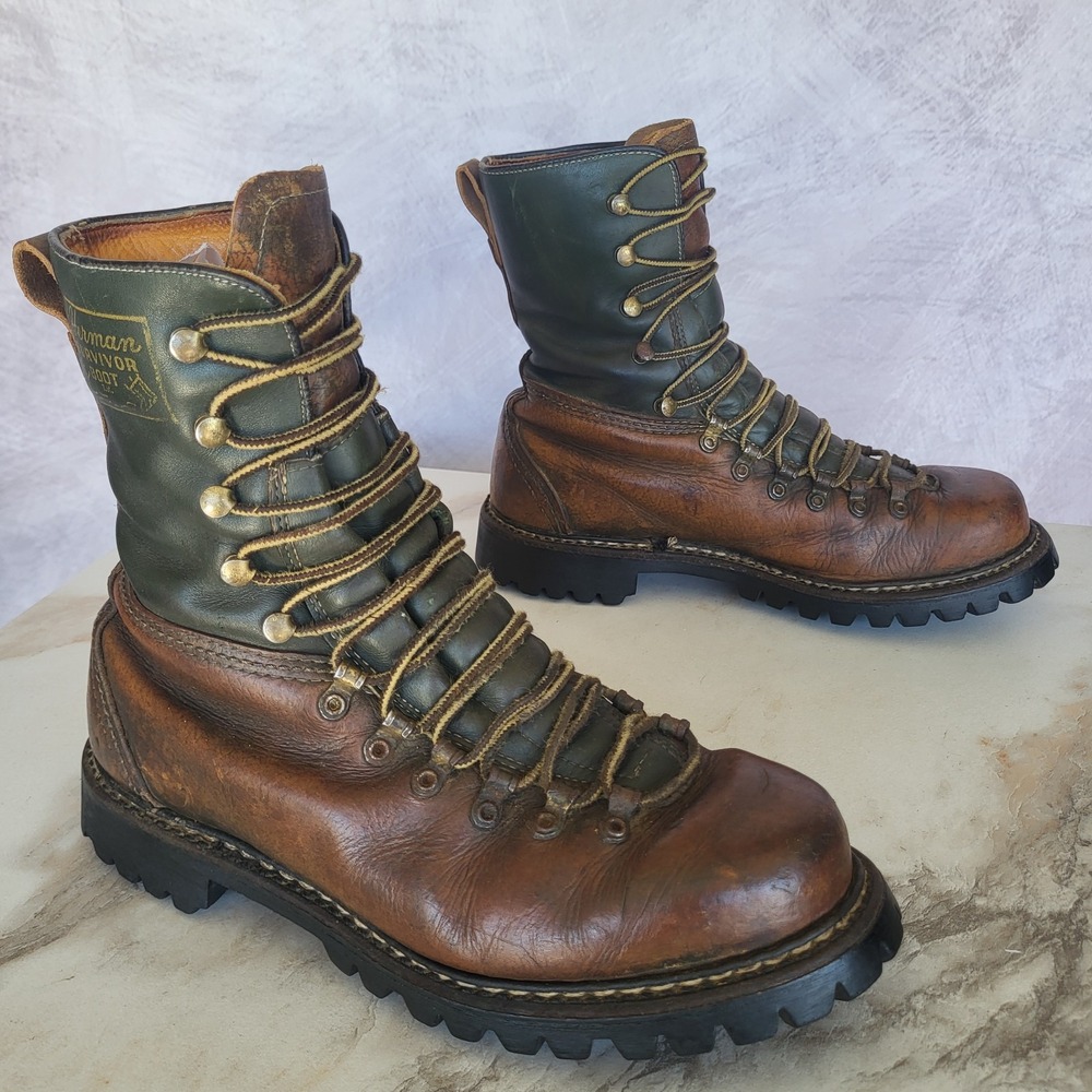 Vintage Herman Survivor Boots Men's 7.5 D Green/Brown Two Toned Tall Lace Up